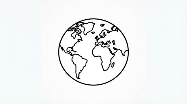 Minimalist black and white line art illustration of the planet earth featuring a simple continuous stroke design centered on a plain white background