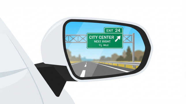 A view of a highway road sign indicating the city center direction reflected in a white car side mirror against a plain white background for travel