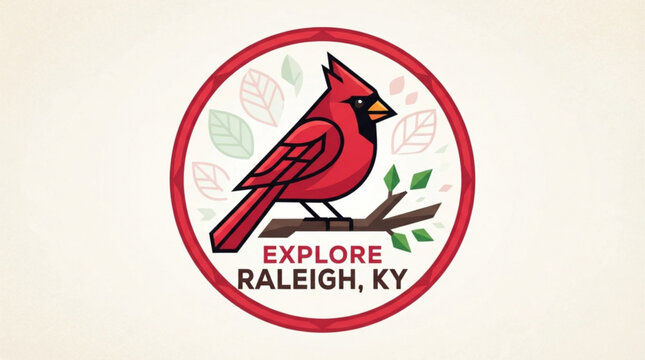 Minimalist geometric red cardinal bird emblem featuring decorative leaf elements and bold typography set within a circular border design concept