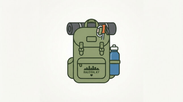 Minimalist vector illustration of a green hiking backpack with camping gear and a water bottle against a plain off white background for travel design