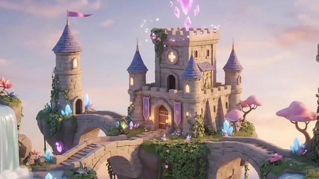 Enchanting fantasy castle on a floating island with magical crystals and waterfalls at sunset, 3d animation