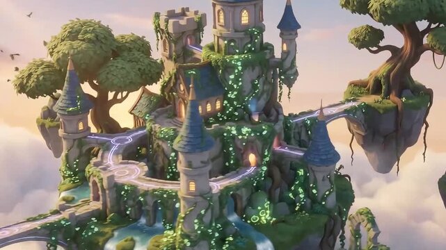 Enchanting fantasy castle on a floating island with magical crystals and waterfalls at sunset, 3d animation