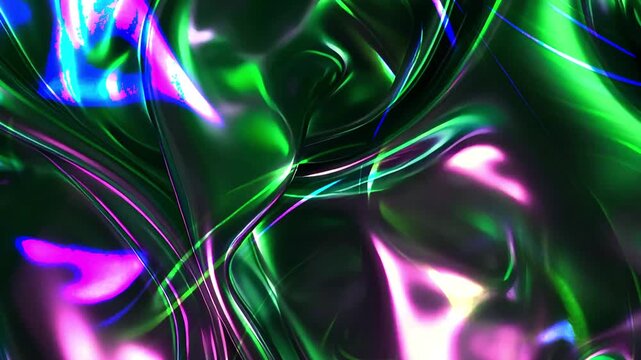  Abstract fluid liquid background with glossy metallic emerald green ripples, shimmering iridescence, and dark neon purple accents