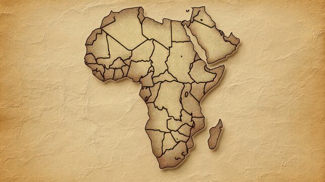 aged parchment map of africa with dark country borders and textured sepia tones, shadowed edges suggesting vintage exploration and nostalgic discovery