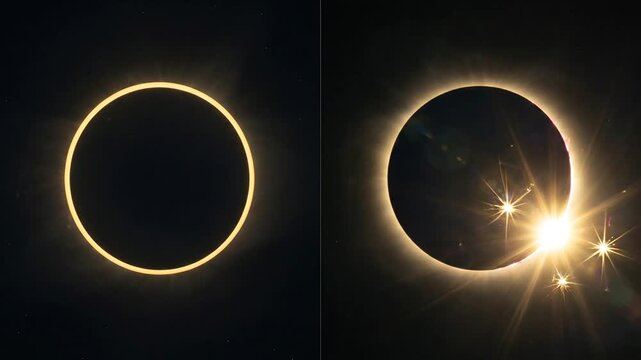 Total and Annular Solar Eclipse Comparison with Diamond Ring and Ring of Fire Effect. Dramatic celestial event showing moon passing in front of sun against dark sky.