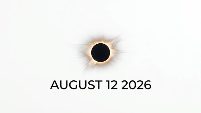 Total solar eclipse animation with August 12 2026 text on white background