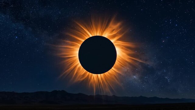 Total solar eclipse with animated fiery corona over a vast starry night sky