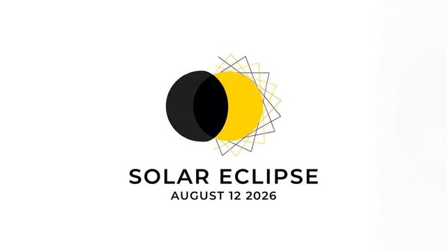 Animated graphic illustrates a solar eclipse with the moon moving over the sun in a modern, minimalist style on a white background, featuring the date 'August 12 2026'.