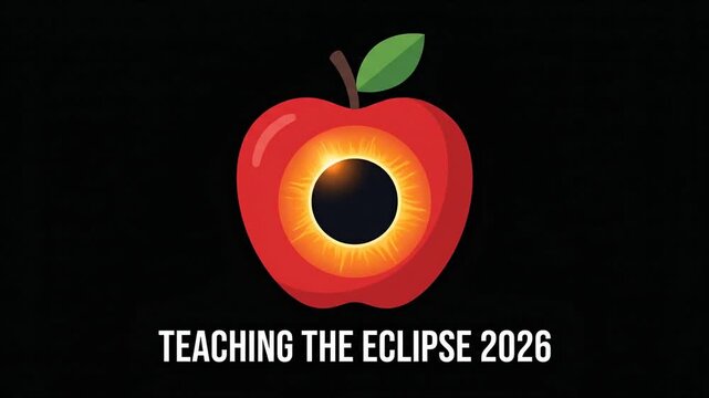 Animated graphic of a red apple with an annular solar eclipse core and 'Teaching The Eclipse 2026' text, for science and education.