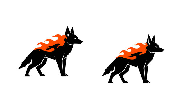 Two black wolves with fiery orange manes standing side by side.