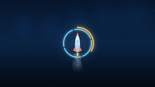 Rocket Launch Loading Animation with Circular Progress Ring and Starry Sky Background