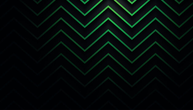 Dark abstract background with glowing neon green stripes. Minimalist design with zigzag lines and elegant shadow effects. Modern business vector illustration.