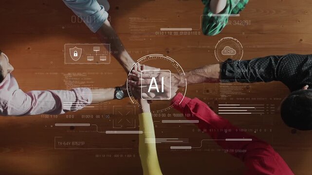 This image showcases hands interacting with a high-tech digital interface focused on artificial intelligence, embodying innovation, collaboration, and data exchange. Raster