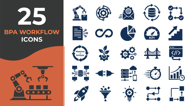 A comprehensive collection of professional blue vector icons representing business process automation and digital workflow systems