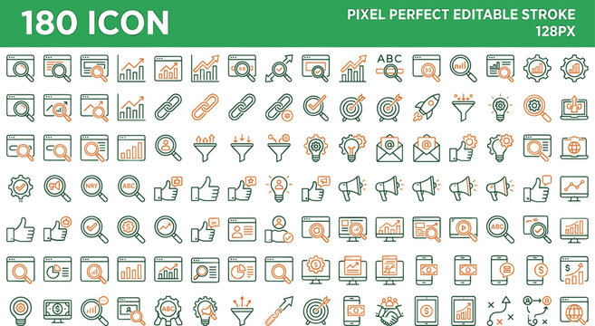 Search engine optimization and digital marketing outline icon set featuring analytics charts targets keywords links conversion funnels and browser optimization.
