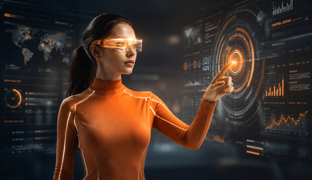 AI generated woman using augmented reality visor holographic dashboard advanced analytics digital control artificial intelligence innovation smart technology