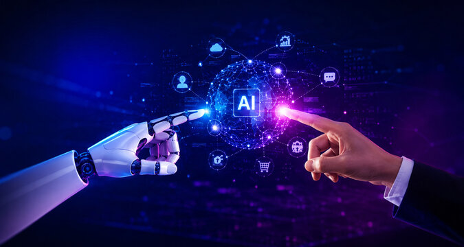 AI generated human robotic hands connecting through holographic artificial intelligence interface digital innovation smart automation global technology