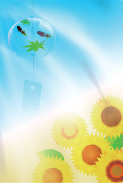Summer Scene Featuring Wind Chimes and Sunflowers
