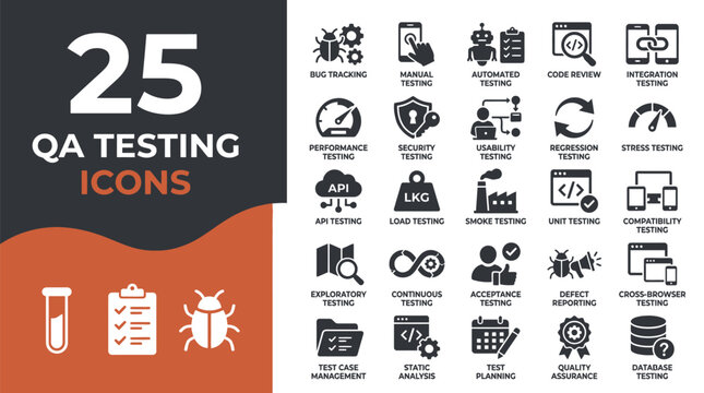 A comprehensive set of twenty five dark blue qa testing icons for modern software development projects