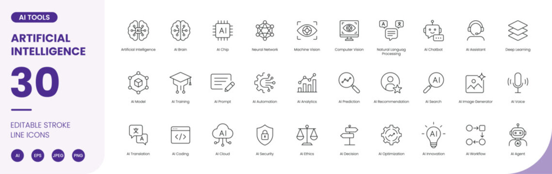 artificial intelligence ai tools icon line style editable stroke vector set