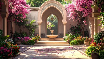 Fototapeta premium serene garden courtyard with fountain and arched entrance