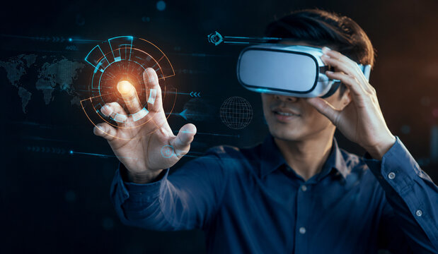 AI generated professional using virtual reality headset interacting holographic control interface immersive digital innovation smart technology futuristic virtual experience