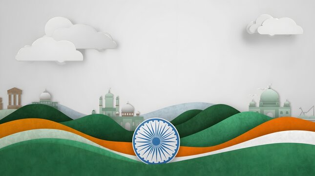 Paper craft landscape of India with Ashoka chakra and monuments for Independence Day