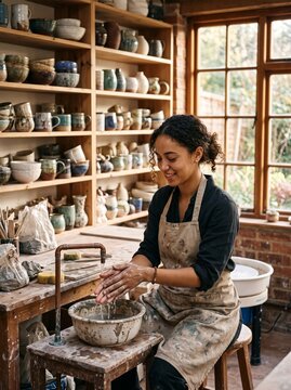 Woman washing hands in pottery studio surrounded by shelves of ceramics and pottery wheel