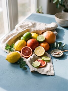 Assortment of fresh citrus fruits including lemons limes blood oranges and grapefruits on a blue table