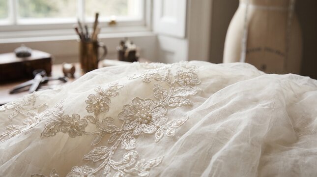 Intricate Floral Lace Embellishment on Delicate Fabric with Sewing Tools and Mannequin in Background