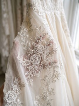 Close up of intricate floral lace and beadwork on a delicate ivory wedding dress fabric