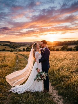 Bride and groom embracing in a golden field at sunset with dramatic clouds