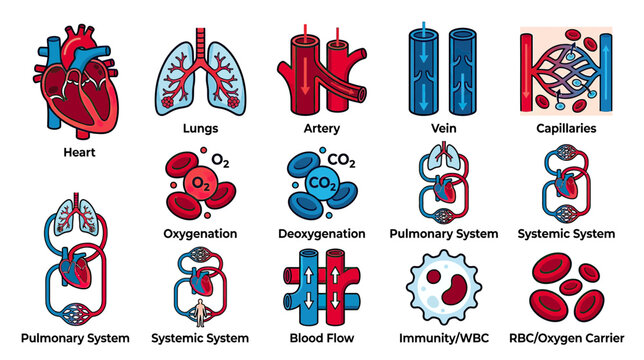Human Circulatory and Respiratory System Infographic: Heart, Lungs, Blood Vessels, Oxygenation