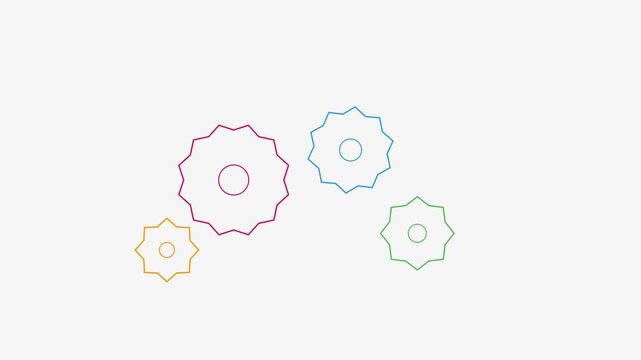 Colorful rotating gears animation: minimalist business process and teamwork concept 4k cogs rotation