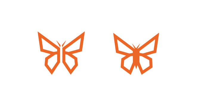 Two orange geometric butterfly illustrations side by side.