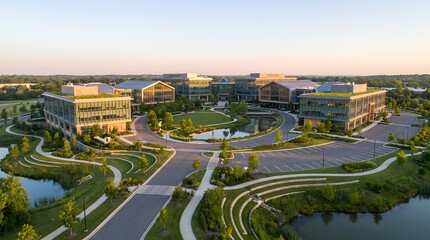 Fototapeta premium Aerial view of a modern corporate campus with office buildings and park