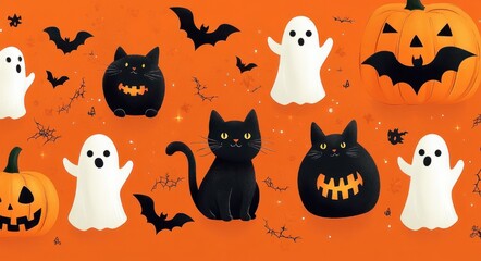 Fototapeta premium playful spooky scene with black cats, smiling carved pumpkins, friendly white ghosts, flying bats and cobwebs on a bright orange background