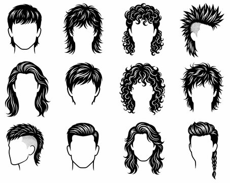 Set of detailed black and white male head templates with retro mullet hair vector graphic illustration showcasing classic barbershop haircuts and vintage trendy styles.