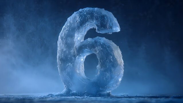 Icy number six sculpture in cold misty atmosphere