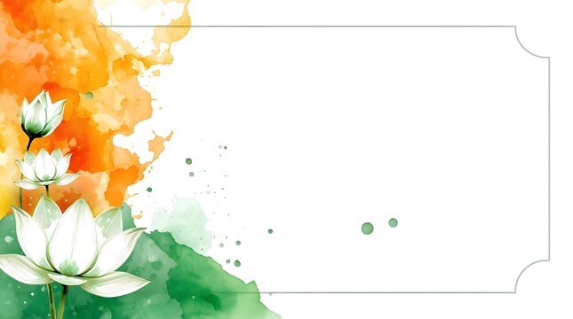Watercolor India Independence Day Background with White Lotus Flowers and Frame