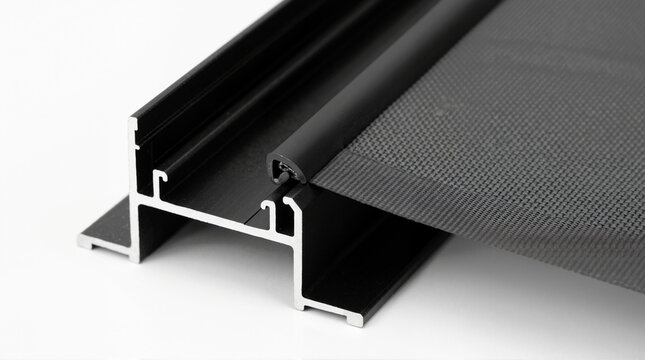 Black aluminum extrusion profile for zip track guided blind. Close up of side channel and fabric screen edge guide