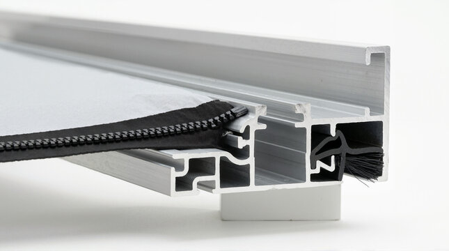 Silver aluminum zip track guided blind profile cross section. Side channel detail with grey fabric screen and zipper edge