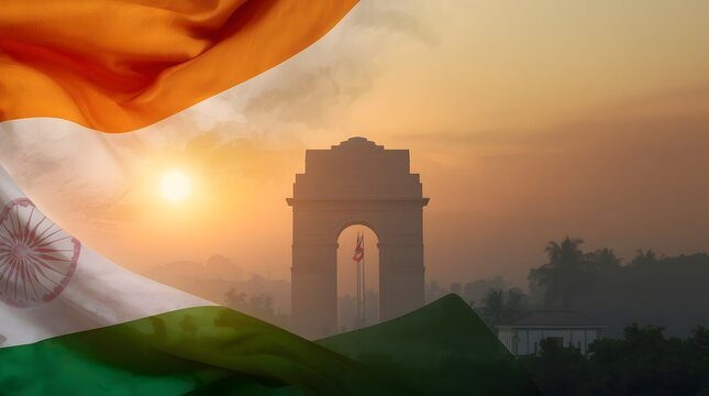 Indian flag waving with India Gate monument at sunrise for Independence Day