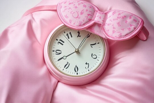 round pink alarm clock and floral sleep mask on soft pink satin pillow conveying cozy, restful morning calm
