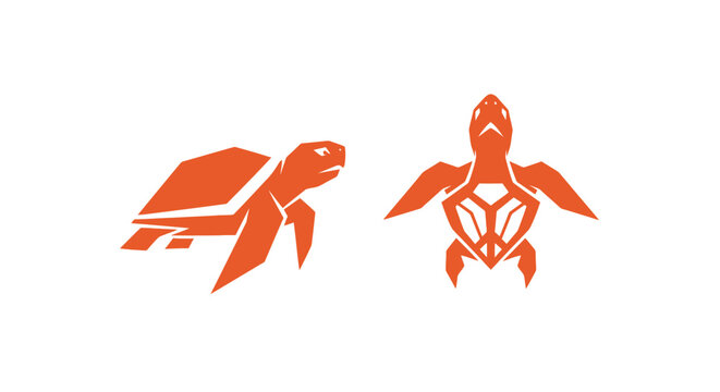 Two stylized orange sea turtle illustrations facing each other.