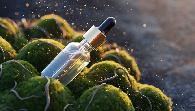 Transparent glass serum dropper bottle on lush green moss surface with golden glowing particles
