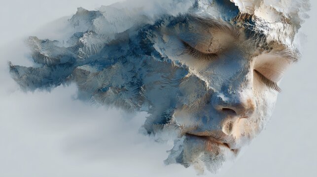 Ethereal human face merging with white cloud formations.