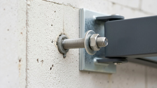 Chemical anchor bolt fixation on aerated concrete wall. Close up of heavy duty threaded stud securing metal bracket for awning installation