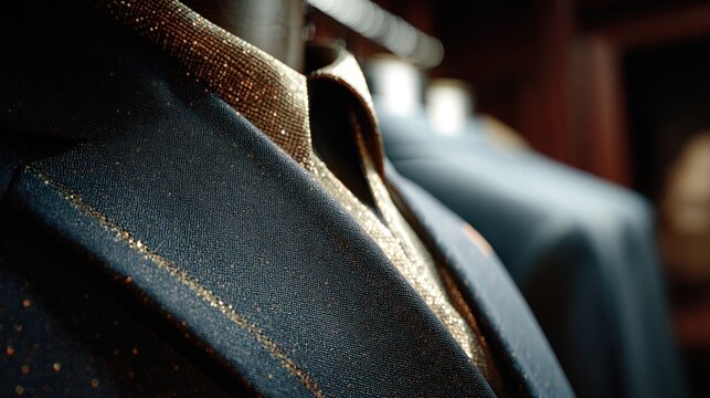Extreme close-up of a luxury suit lapel with gold thread details.