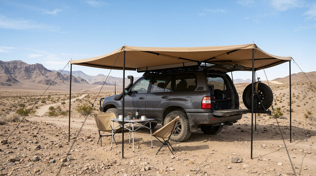 Overlanding SUV with 270 degree batwing awning deployed in the desert. Off-road vehicle camping setup with table and chairs. Adventure travel and outdoor recreation concept
